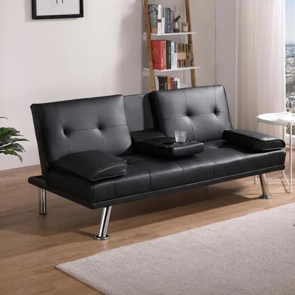 Black Faux Leather Upholstered Modern Folding Sofa Bed Futon