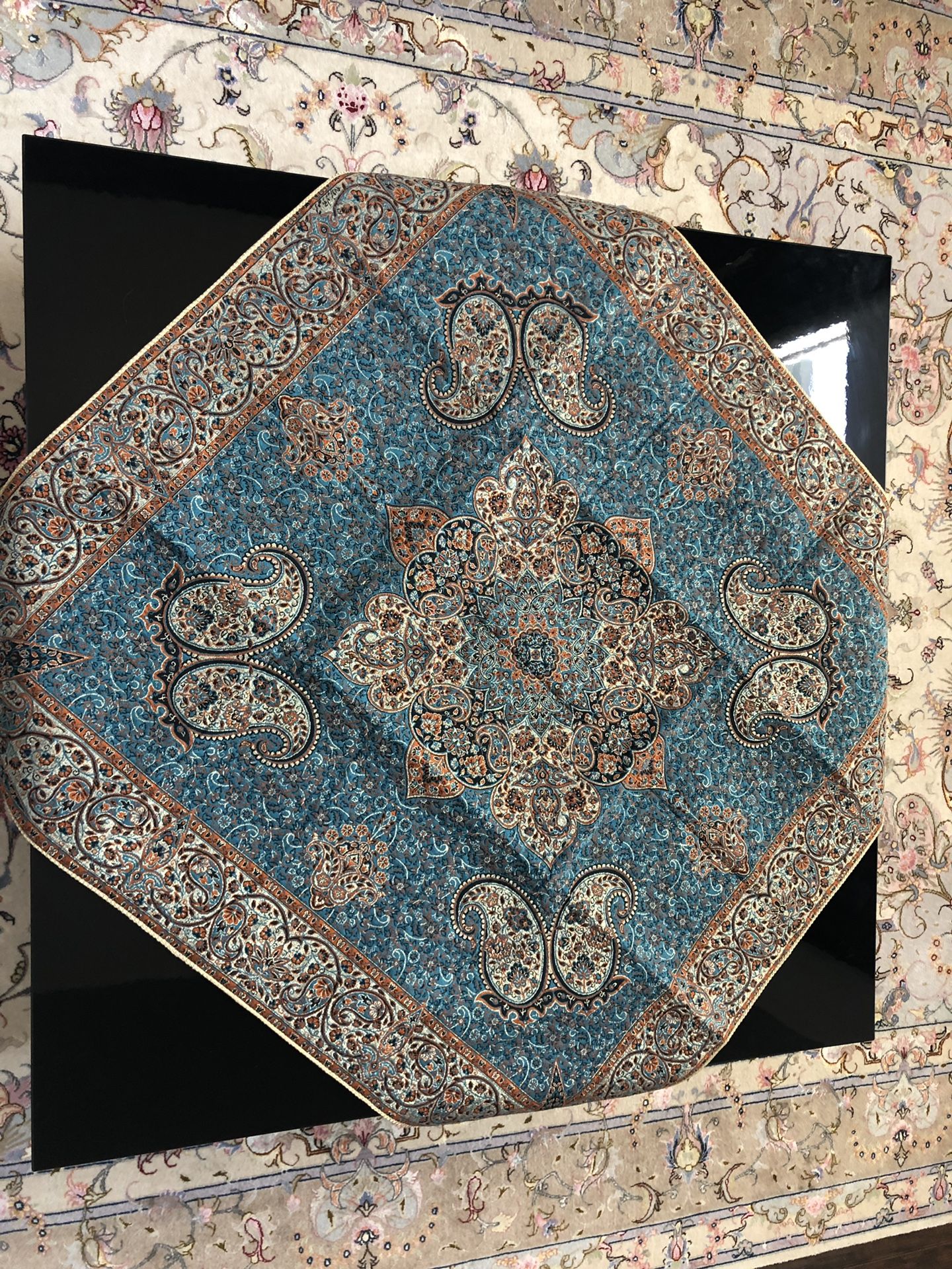 Elegant blue and gold table cover with many details