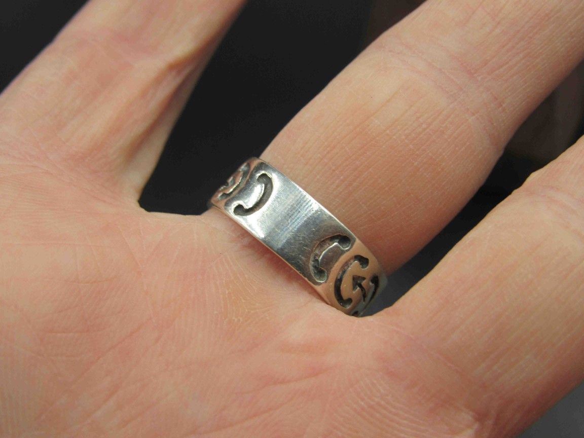 Size 8.75 Sterling Silver Weird Unknown Symbols Band Ring Vintage Statement Engagement Wedding Promise Anniversary Bridal Cocktail