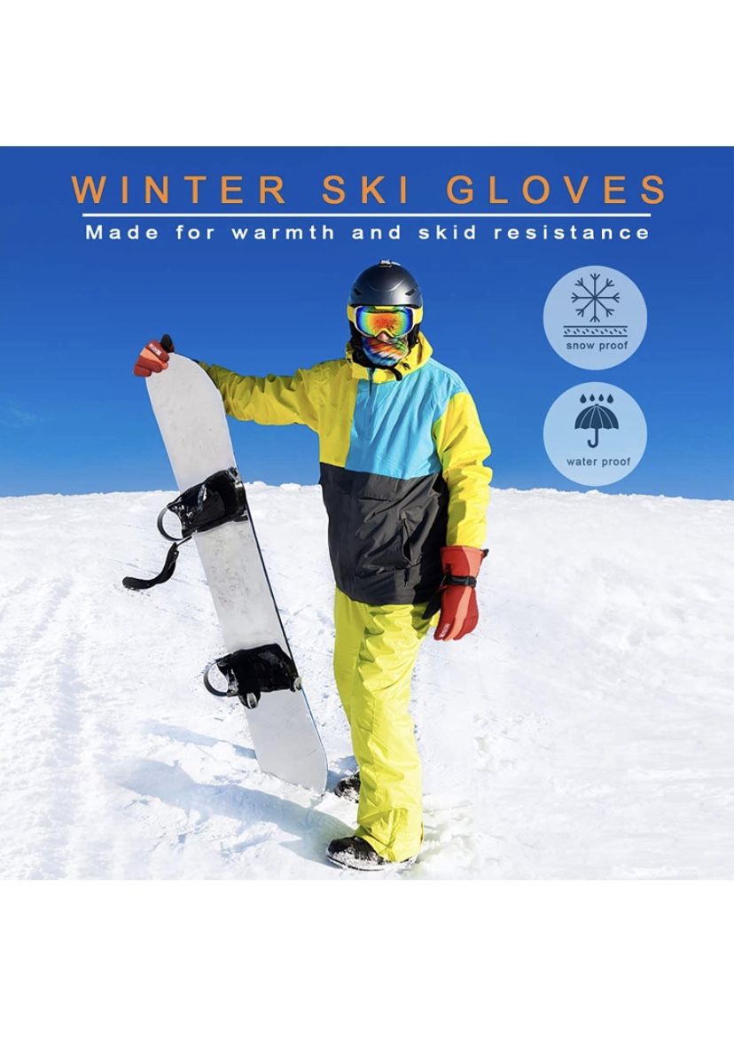 Ski Gloves, Waterproof & Windproof Winter Snowboard Gloves With Wrist Leashes, Nylon Shell, Thermal Insulation