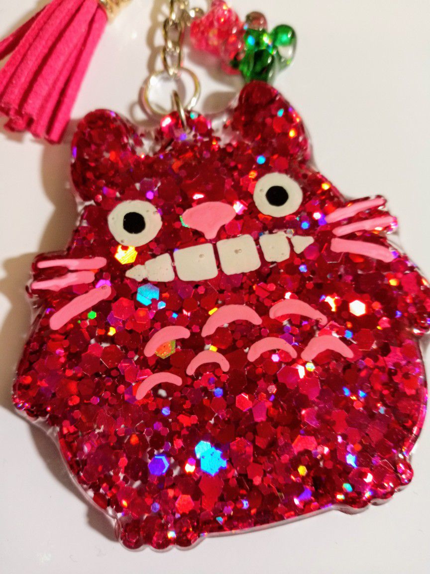 Glittery Hot Pink Totoro Keychain