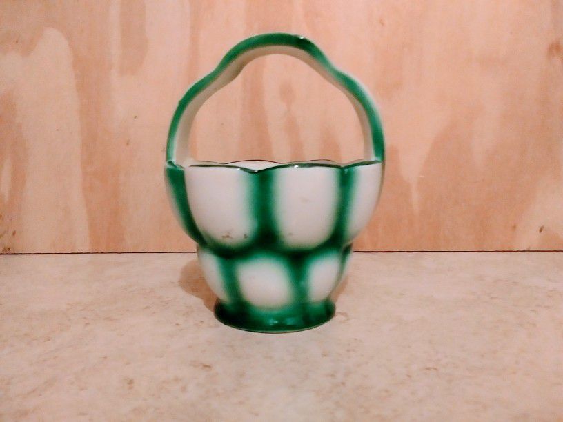 Little Ceramic Basket Green And White 6" Made In Czechoslovakia