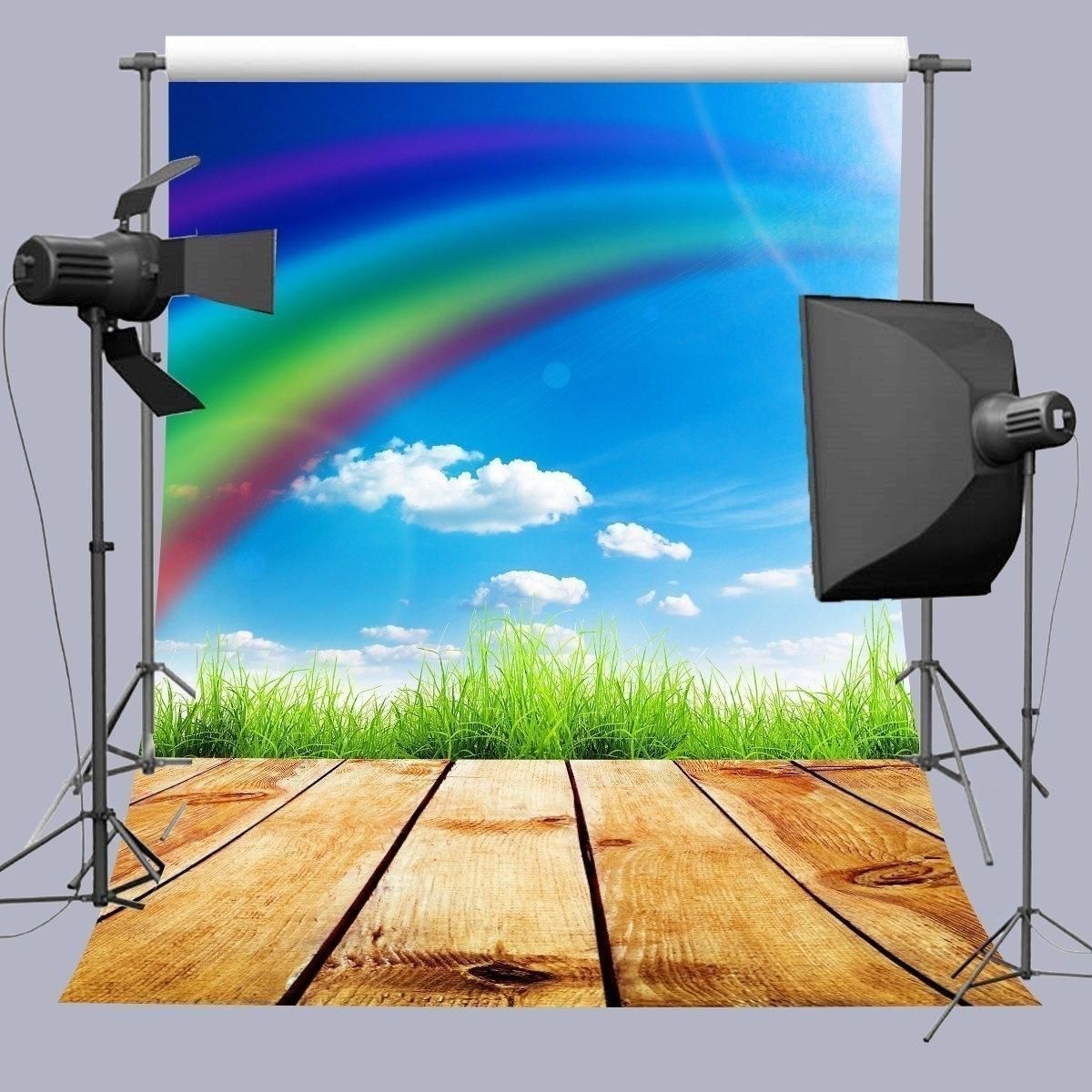 Background 5x7ft Rainbow and Wood Floor Backdrop Photo Booth Photography Props