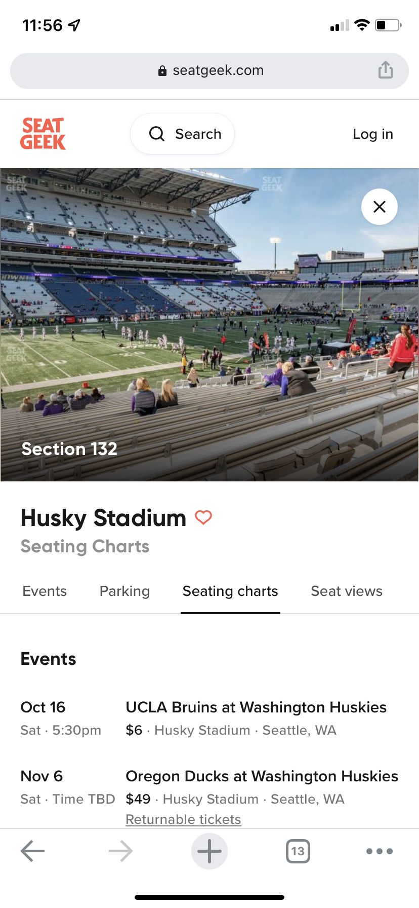 Husky vs UCLA tickets - 2 tickets - section 132 row 9