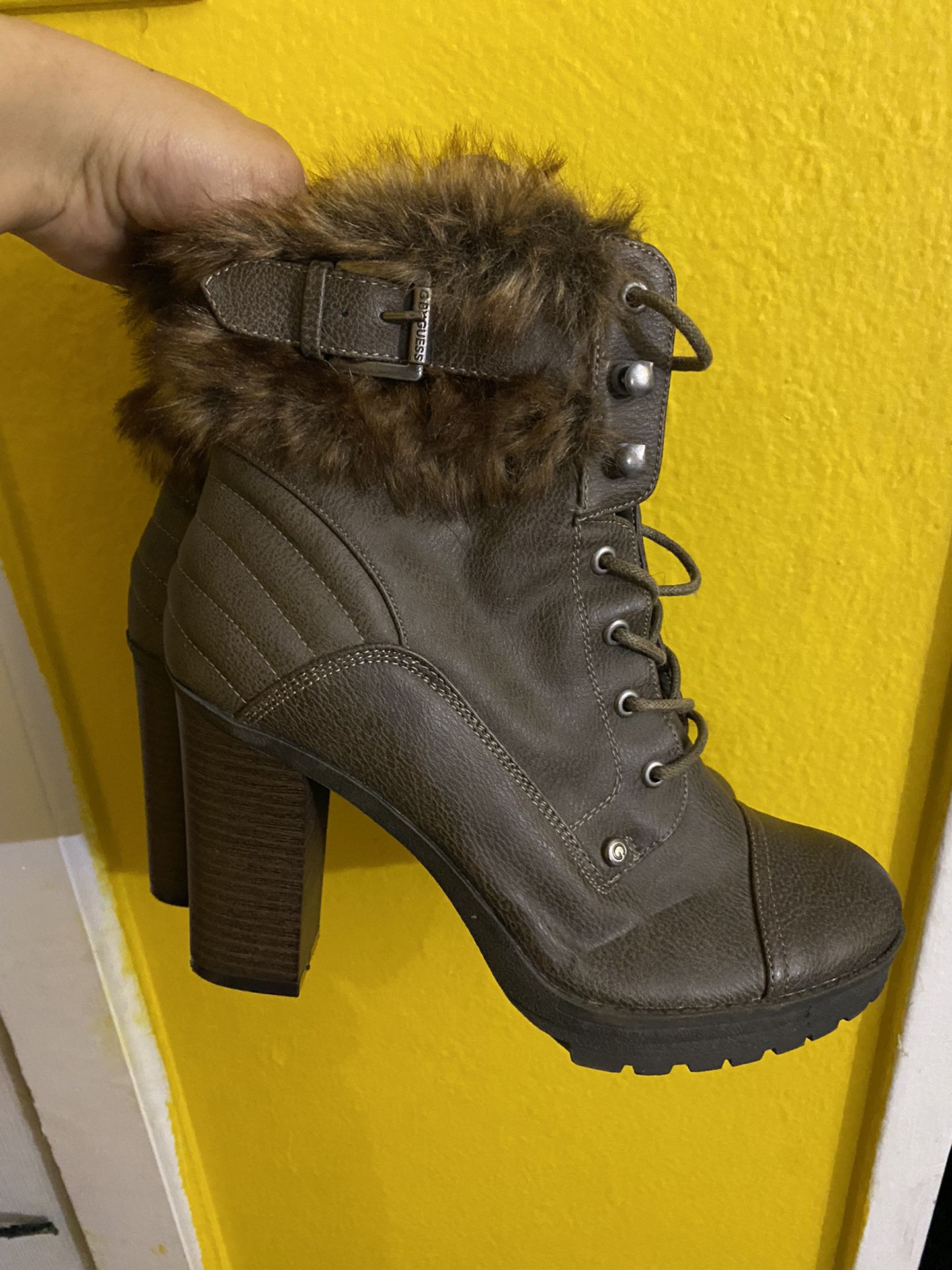 Guess Dark Brown Leather Combat Heeled Boots