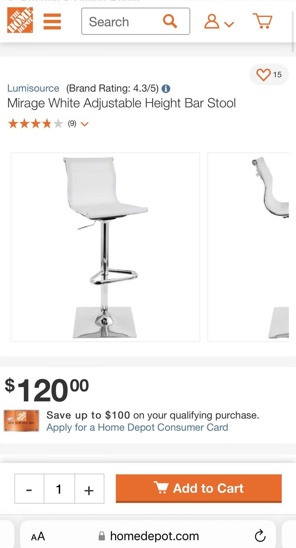 Set of 2 new in box Mirage White Adjustable Height Bar Stool (retail $240)
