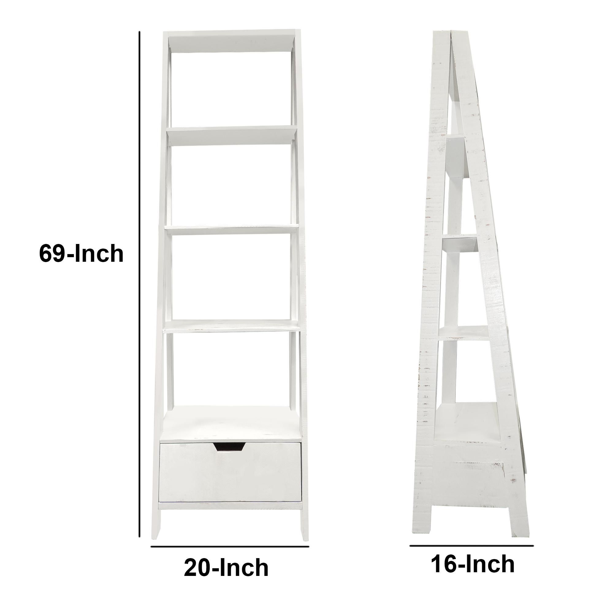 4 Shelf Wooden Ladder Bookcase with Bottom Drawer, Distressed white , Saltoro Sherpi