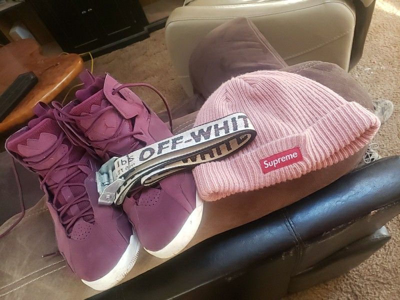 Off-white belt, supreme beanie, burgundy true flights