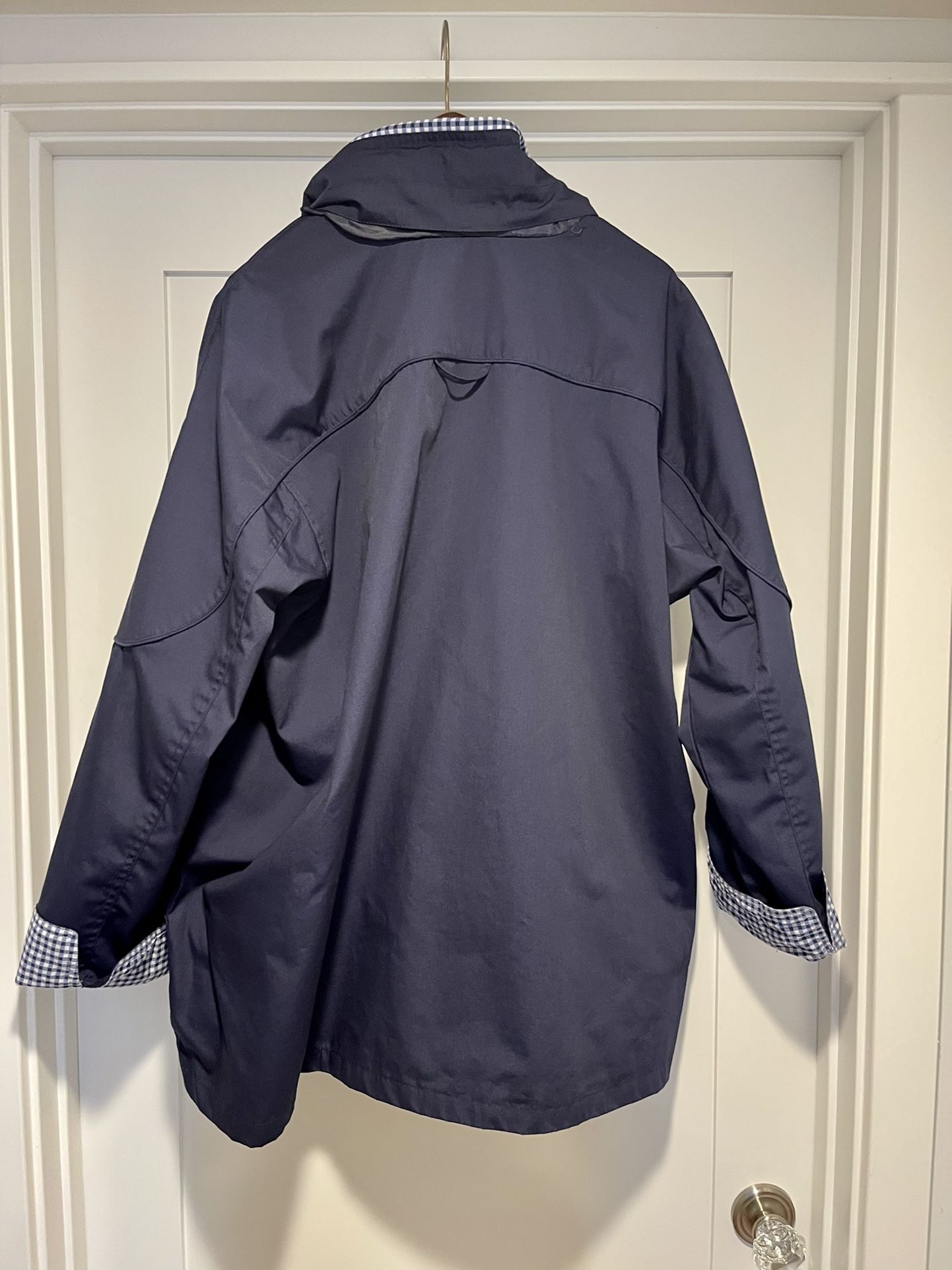 BLAIR Mens XXL Navy Blue Raincoat Jacket Hood Pockets Lining Zip Up Blue Check Cuffs