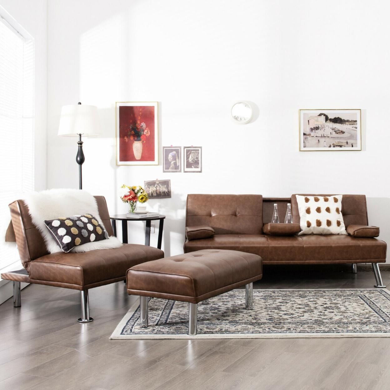 Gymax 3-Piece Sectional Sofa Set Convertible Futon w/Single Sofa & Ottoman Brown