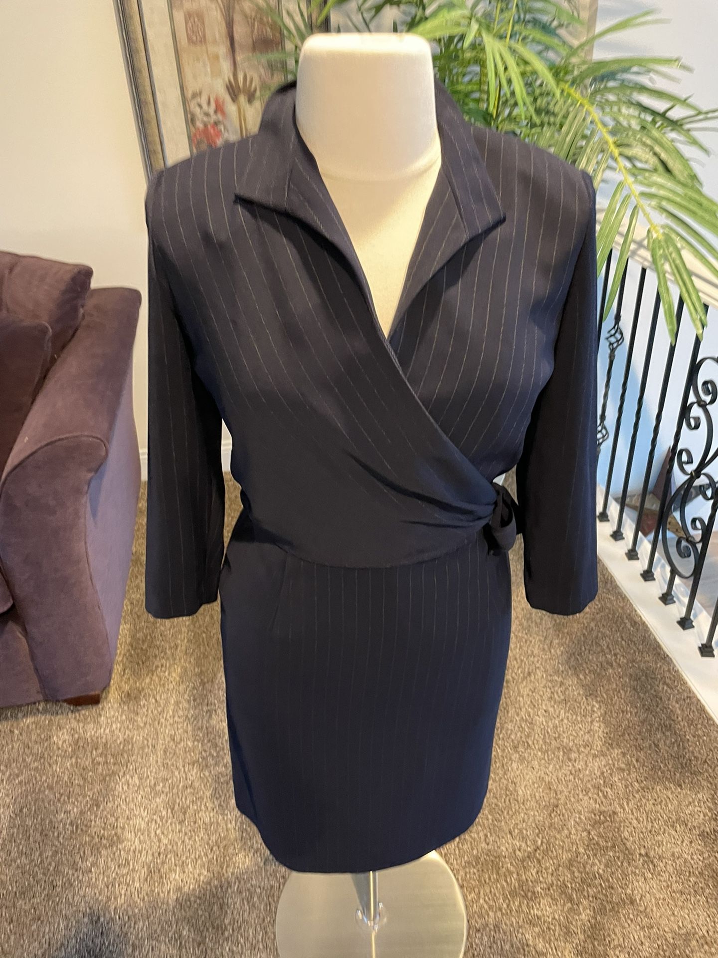 Liz Claiborne Wrap Dress: Navy Blue with Metallic Striping and Side Tie Size 12
