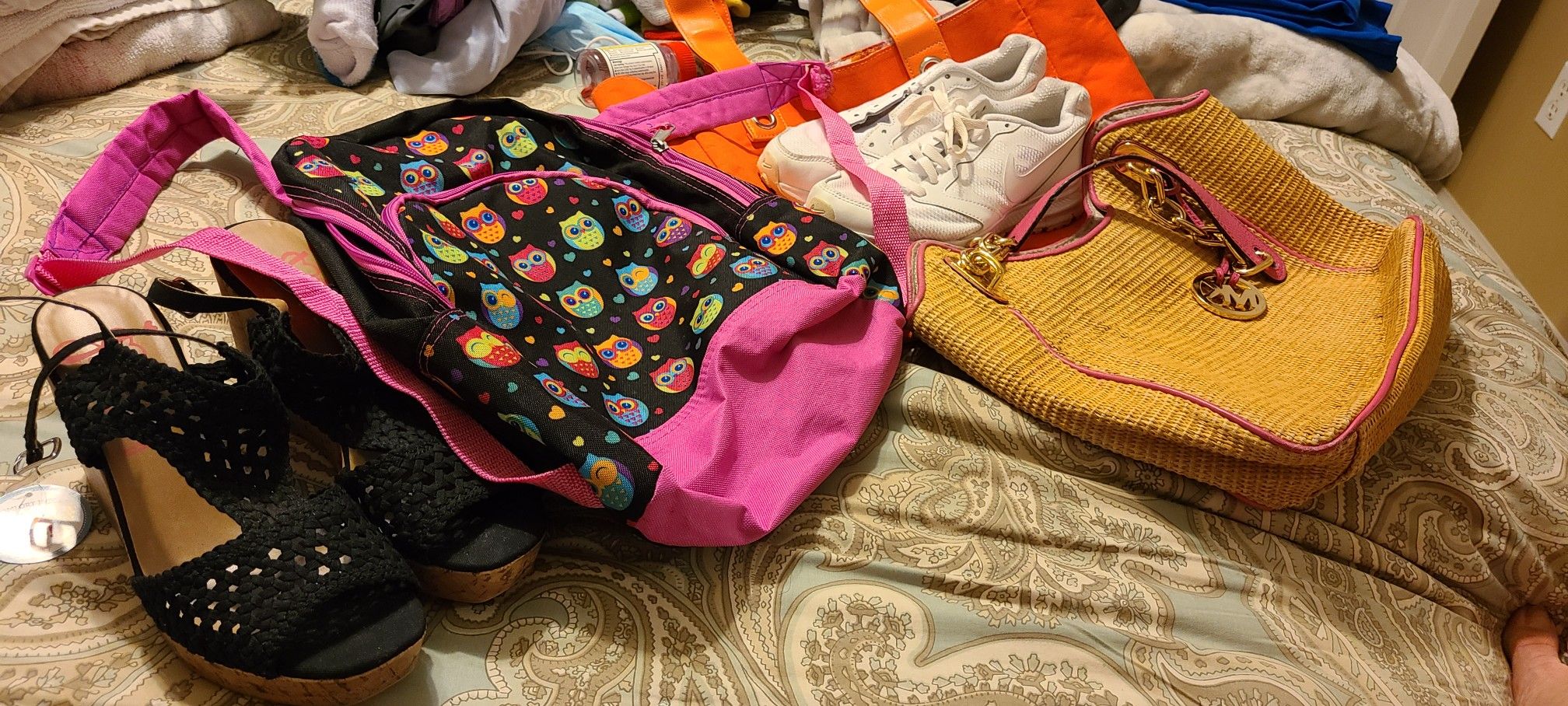 Almost new size 7 Nike, Michael Kors purse, Jelly Pop brand new wedge shoes 8.5, owl backpack, Lancome bag ALL FOR $50