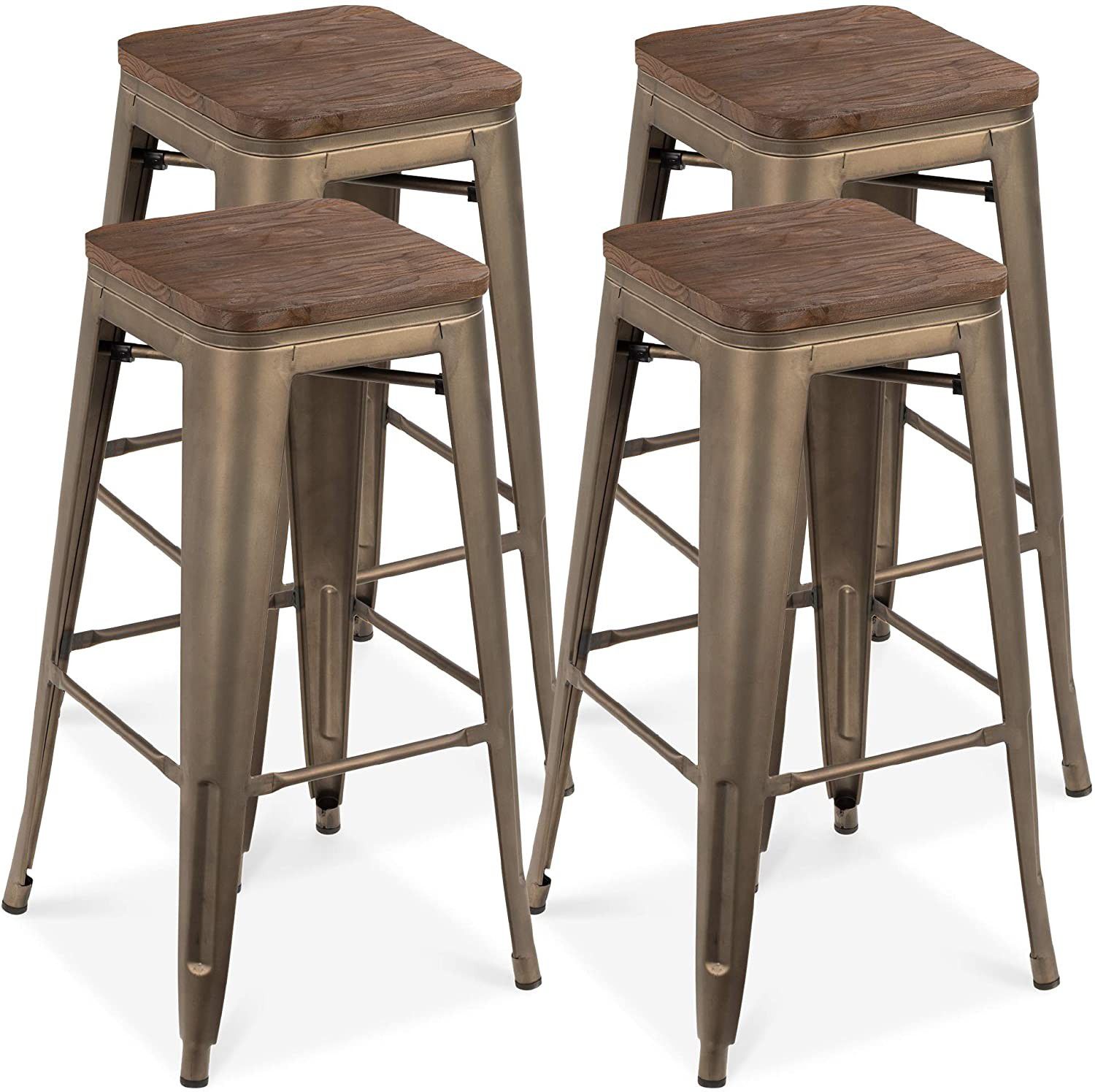 4pc 30" Stackable Backless Steel Bar Stool with Wooden Seats, Bronze