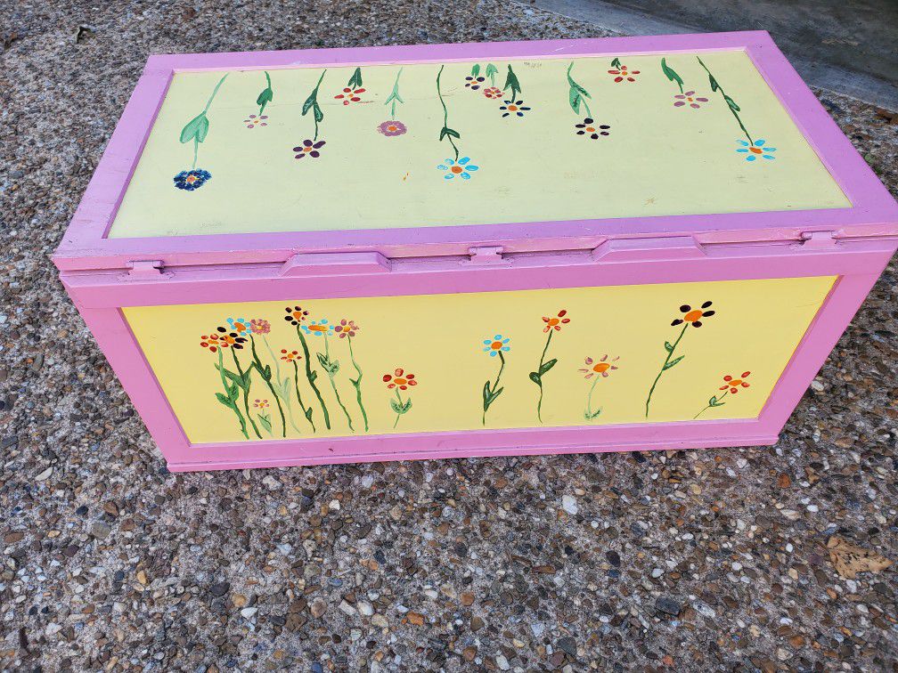 Pink And Yellow Toy Box With Hand Painted Flowers