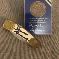 Ronald Reagan And George Bush Inaugural Coin And NRA Limited Edition Teddy Roosavelt Folding Knife Thumbnail