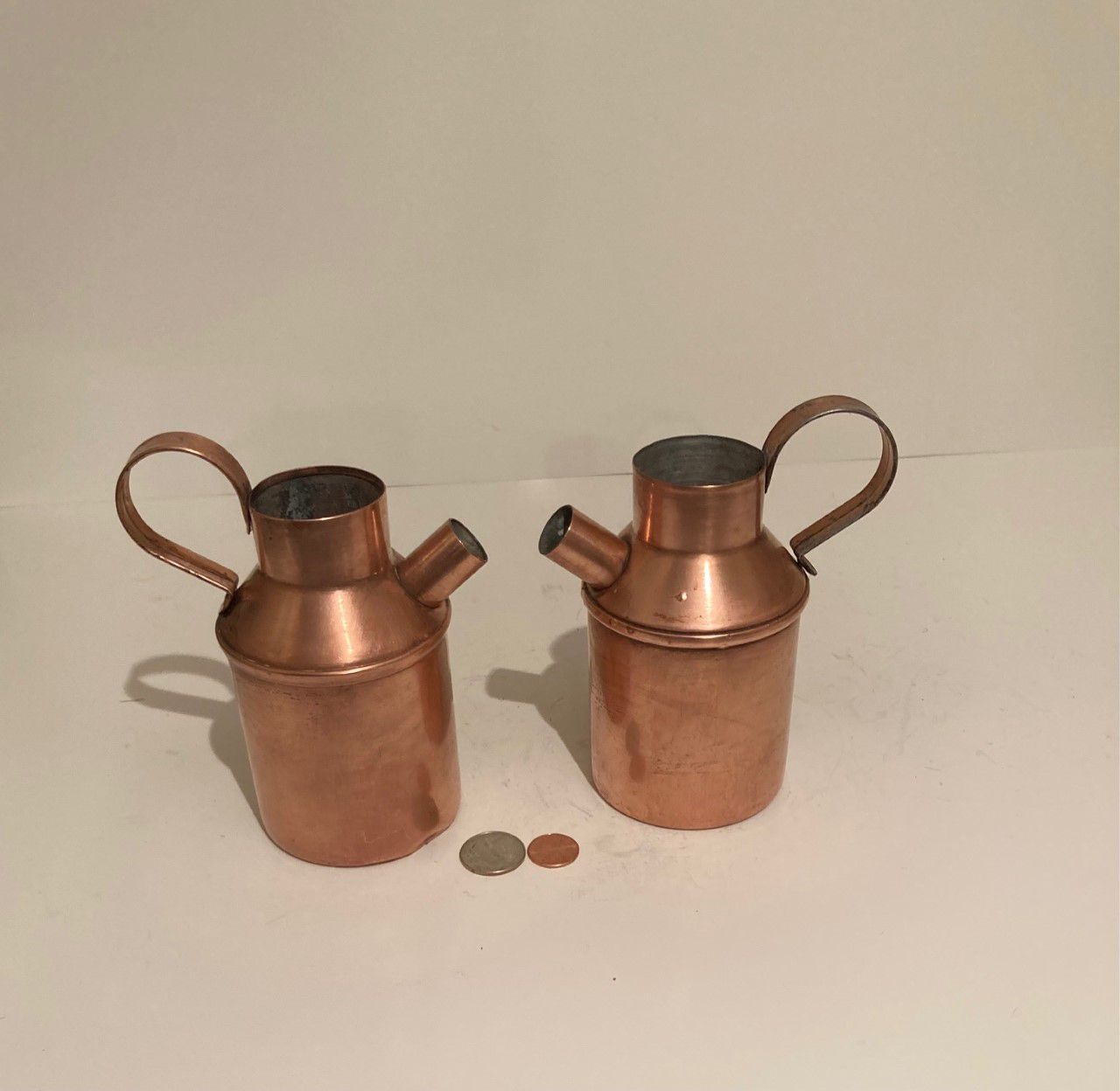 Vintage Set of 2 Metal Copper Pitchers, 6" x 3", Kitchen Decor, Table Display, Shelf Display, These Can Be Shined Up Even More