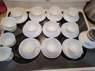 Pyrex Correlle Morning Blue set of 25 pieces.  Tea cups plates kettle Thumbnail