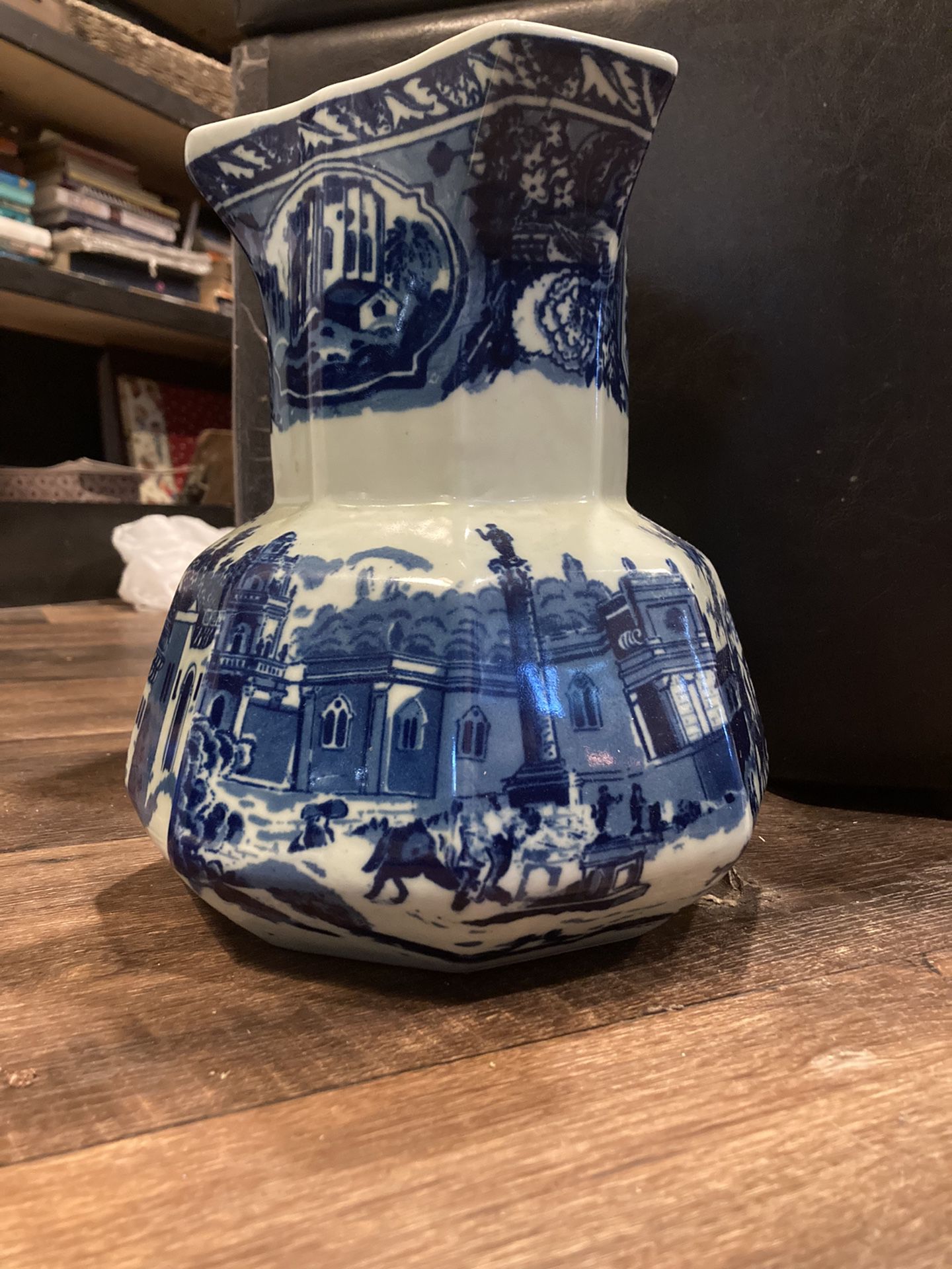 Vintage Blue And White Ironstone Victoria Pitcher With Village Scene 