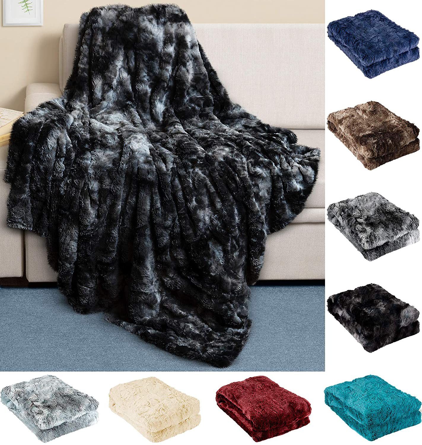 Luxury Faux Fur Throw Blanket - Ultra Soft and Fluffy - Plush for Couch Bed and Living Room - Fall Winter and Spring - 50x65 (Full Size) Black