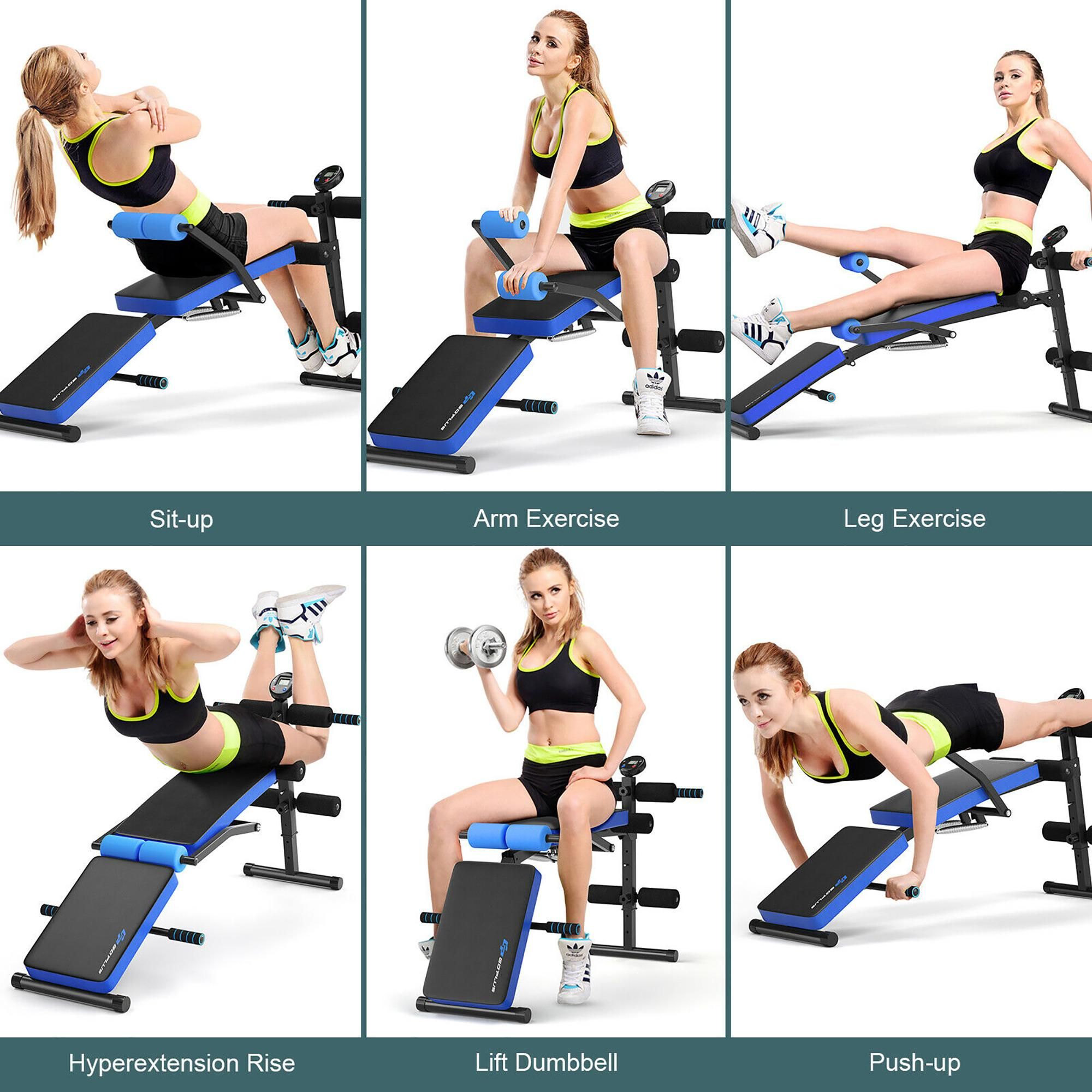 Goplus Multi-Functional Foldable Weight Bench Adjustable Sit-up Board w/ Monitor Blue