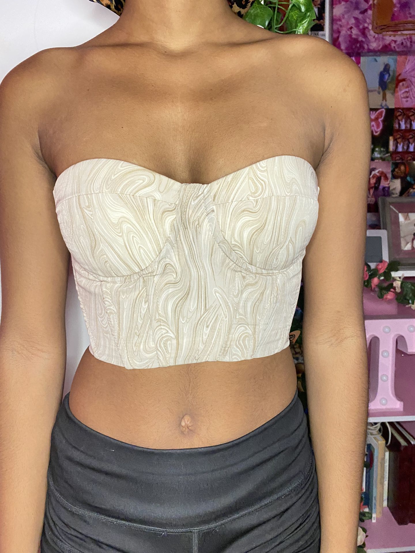 Marble Print Crop Lace Up Corset Top (xs)