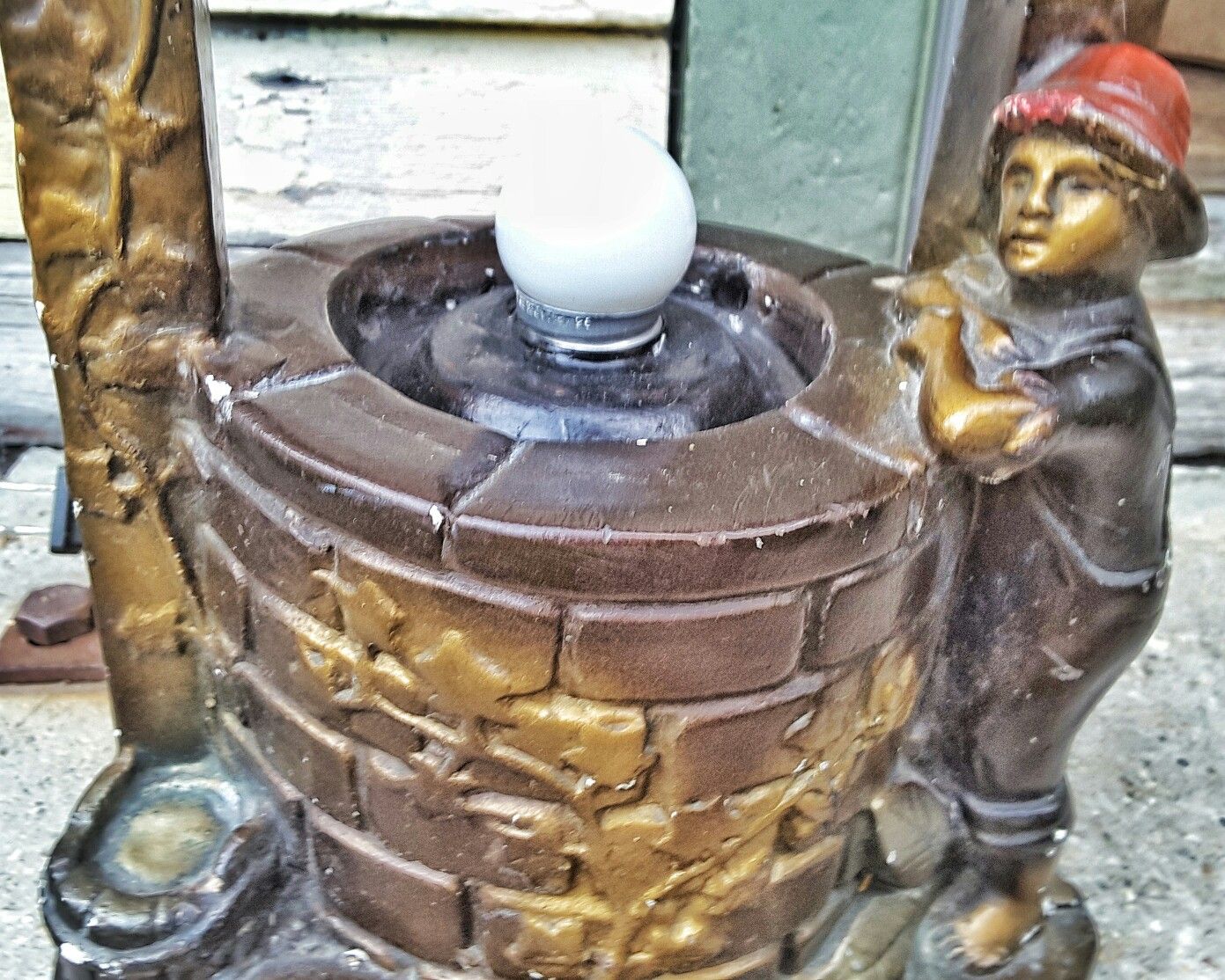 Industrial art supply antique radio lamp chalkware boy & dog at wishing well no shade as is