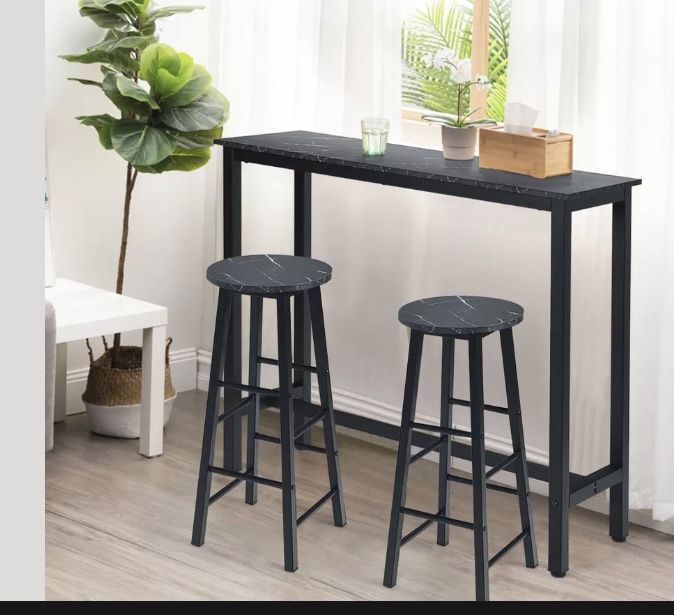 Set of 2 Pub Dining Height Bar Stool Bistro Table Chairs Faux Marble Top Black