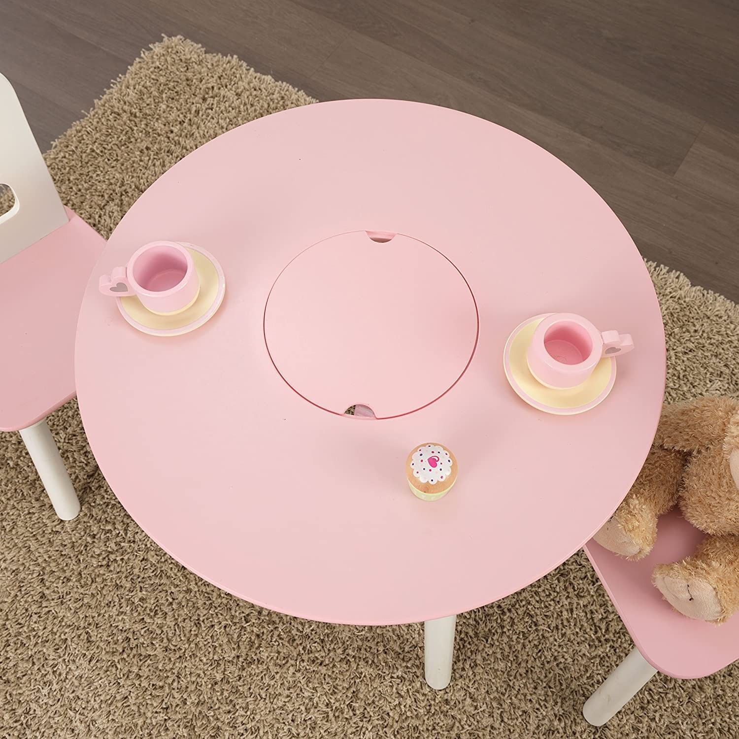 Wooden Round Table & 2 Chair Set with Center Mesh Storage - Pink & White