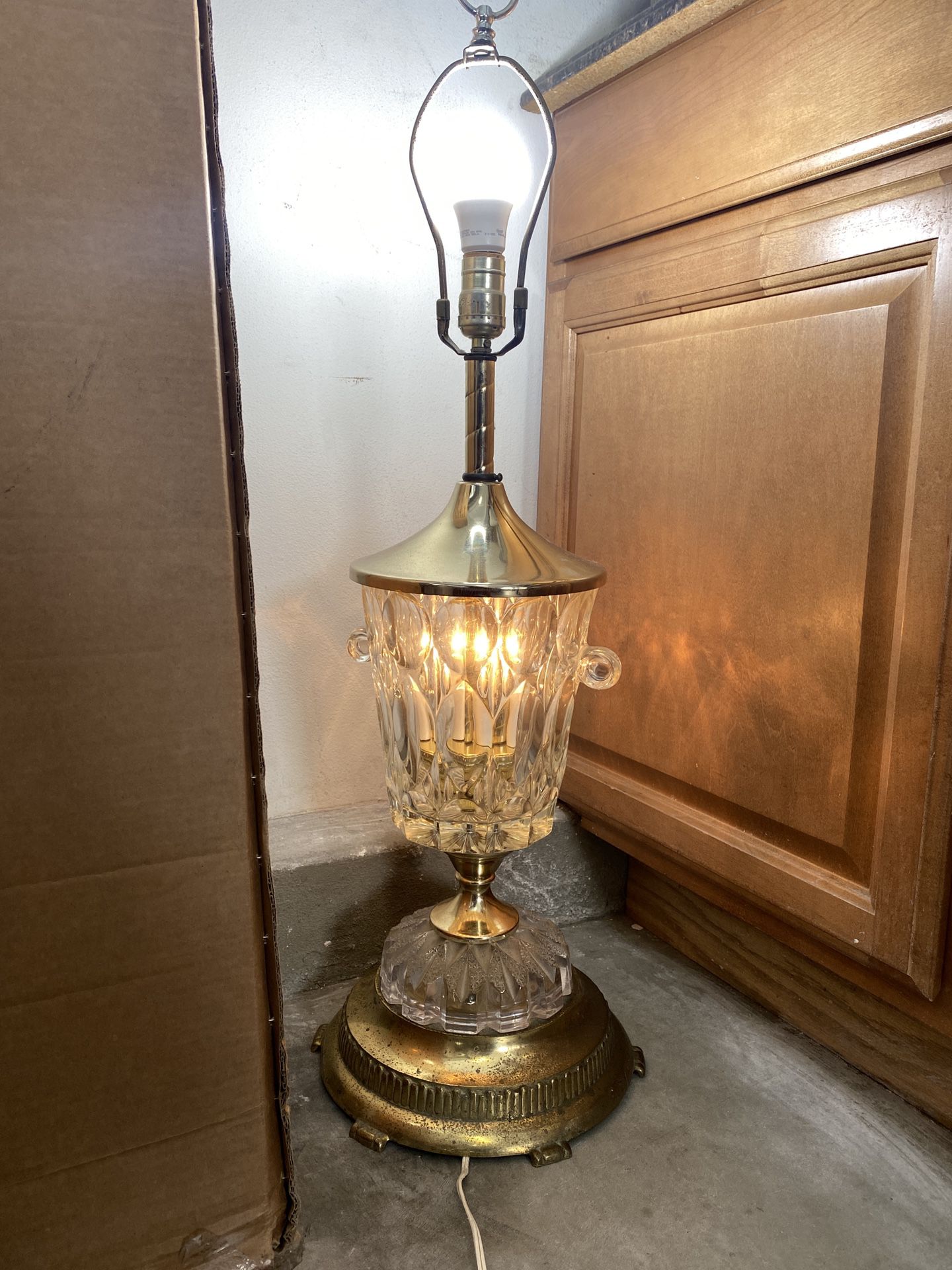 Vintage BEYER Clear Crystal Glass With Gold Table Lamp - Trophy Boho Retro