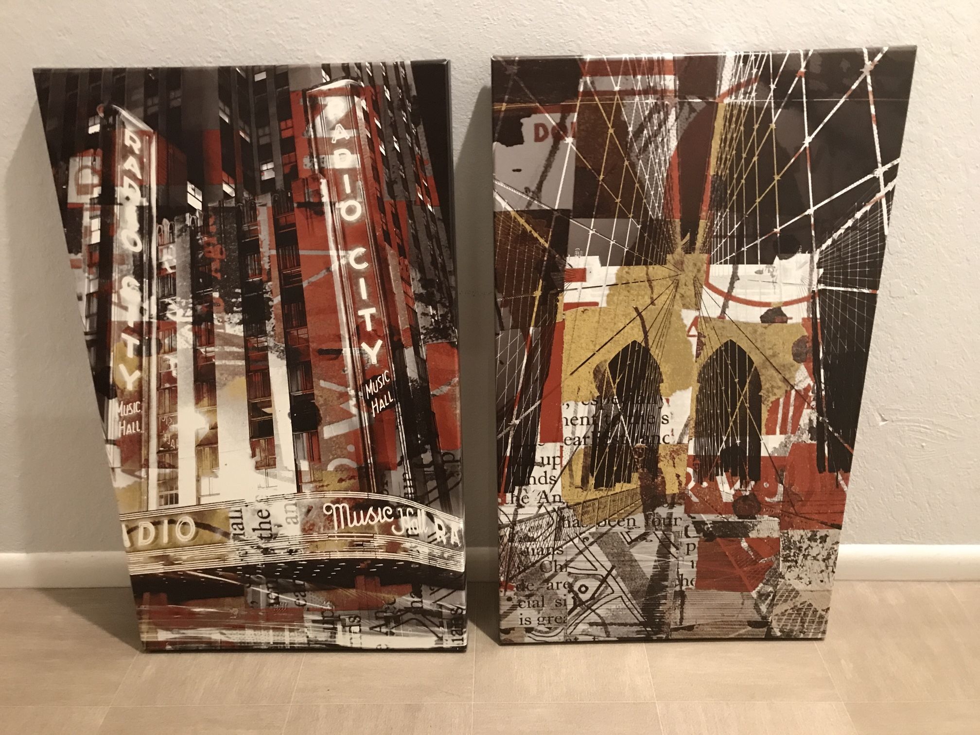 Pair of Iconic New York City Giclee Screen Paintings Mounted On Wood Frame