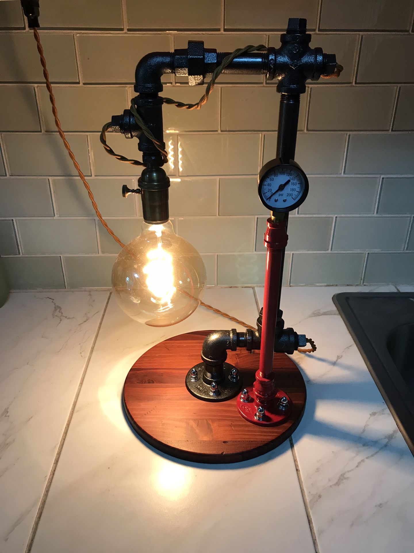 Industrial Steel Pipe&Edison Bulb Lamp, Red Cider Wood Base