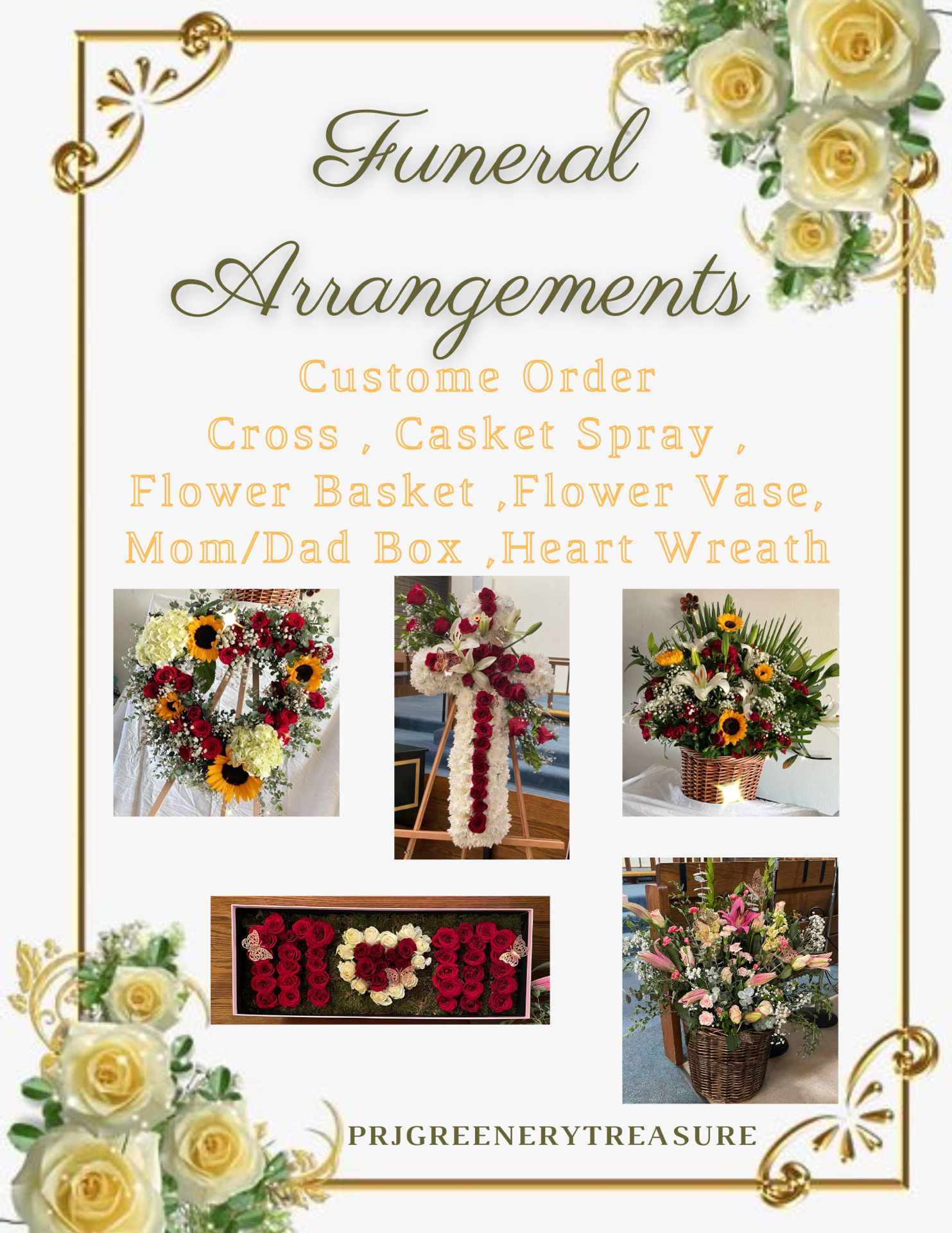Funeral Arrangement Casket Spray Cross Heart Wreath Flower Basket
