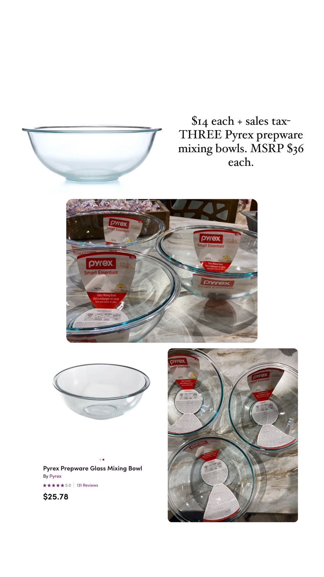 $14 each + sales tax- THREE Pyrex prepware mixing bowls. MSRP $36 each.