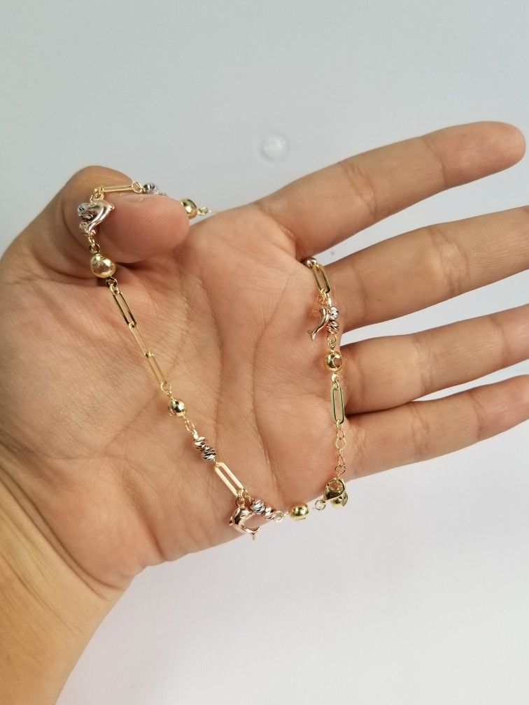 10k Yellow White Rose Ball Diamond Cut Gold Dolpine Anklet Paper Clip Oro Rose Blanco Amarillo Tobillera 10 Inches Pulgadas