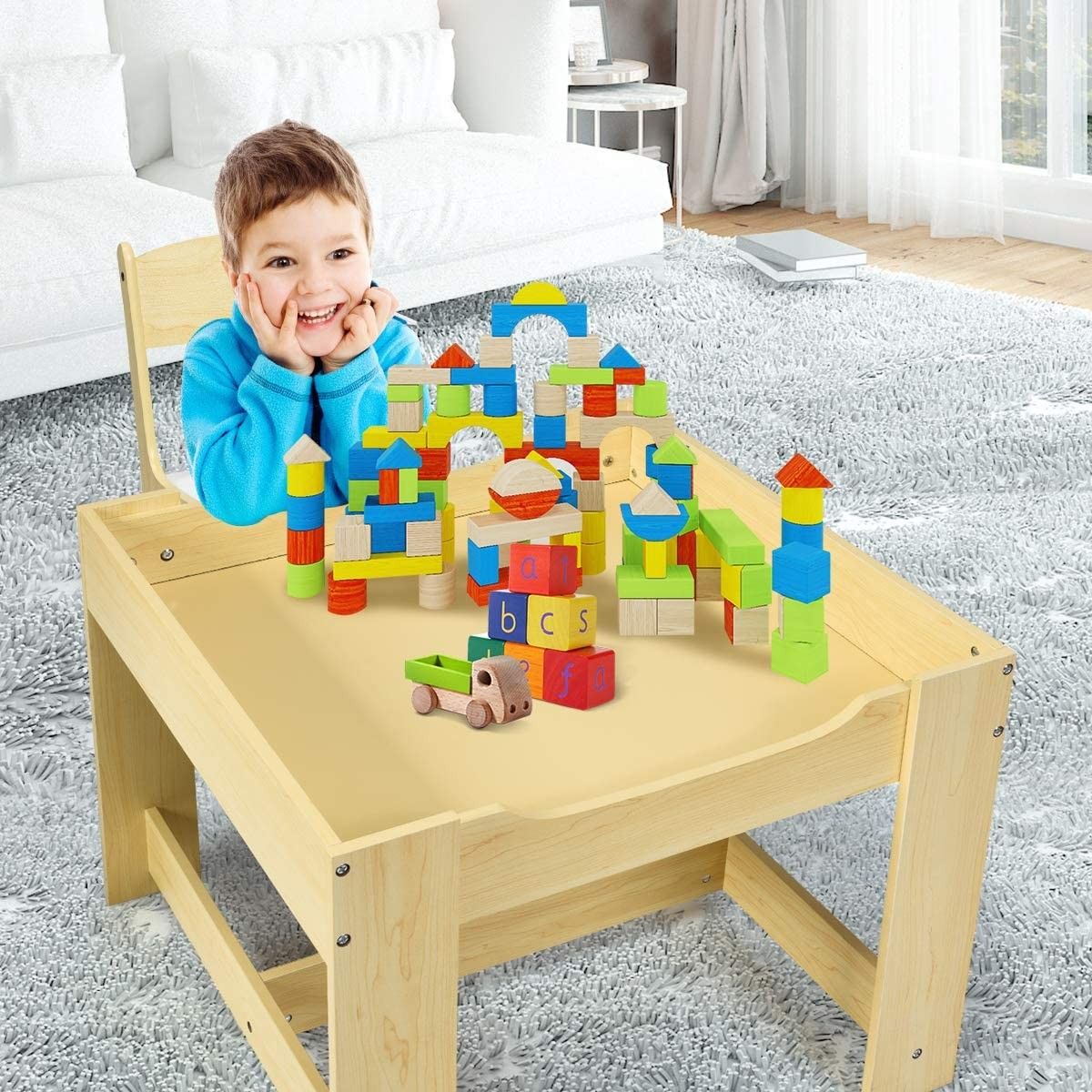 Kids Wood Table & 2 Chair Set, Children Activity Table Desk Sets w/Storage Drawer