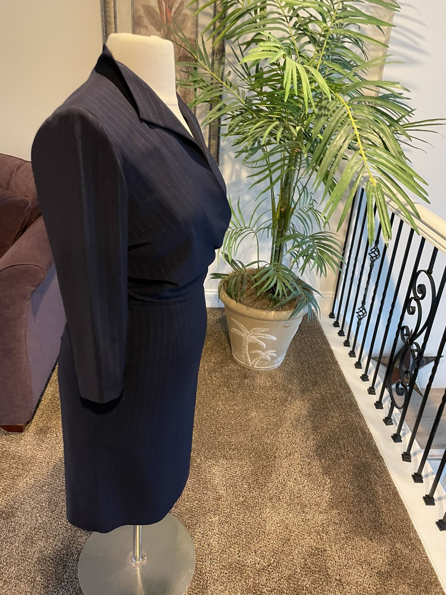 Liz Claiborne Wrap Dress: Navy Blue with Metallic Striping and Side Tie Size 12