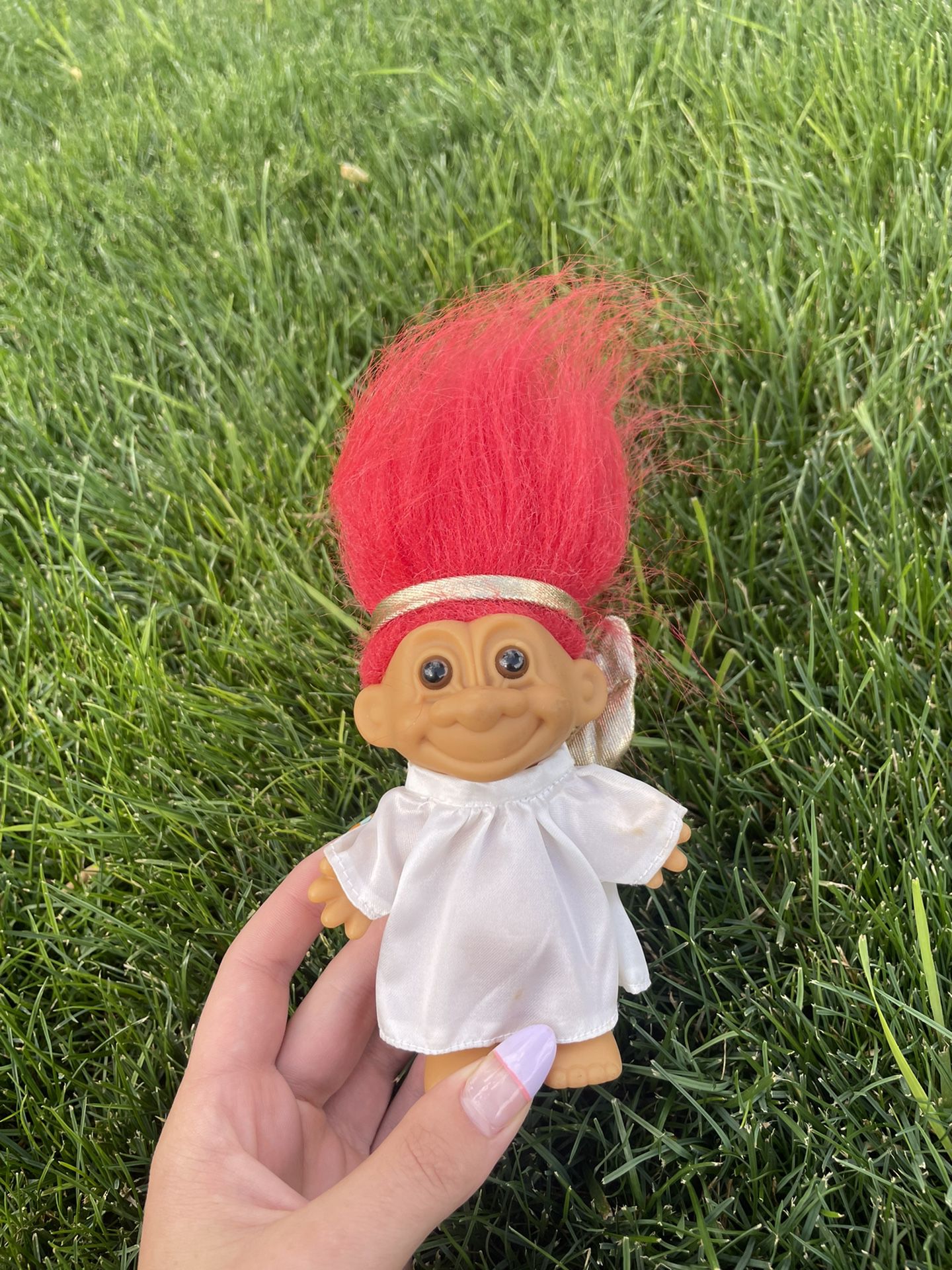 Vintage RUSS 6" Christmas Angel Wings Troll Doll Red Hair Toy  White Gold Halo
