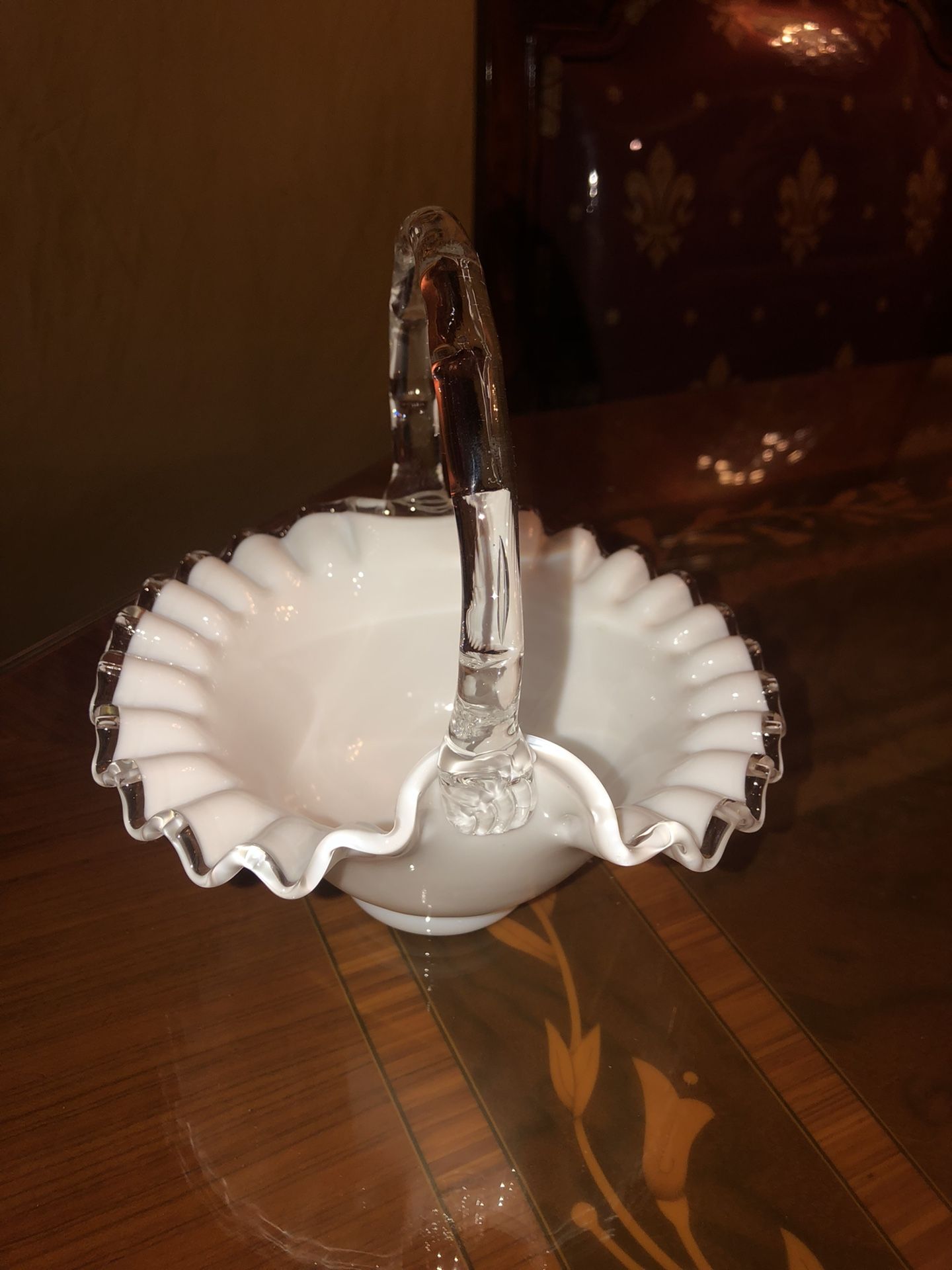 Vintage white milk glass 7 X 7 across basket with clear handle/trim ruffles
