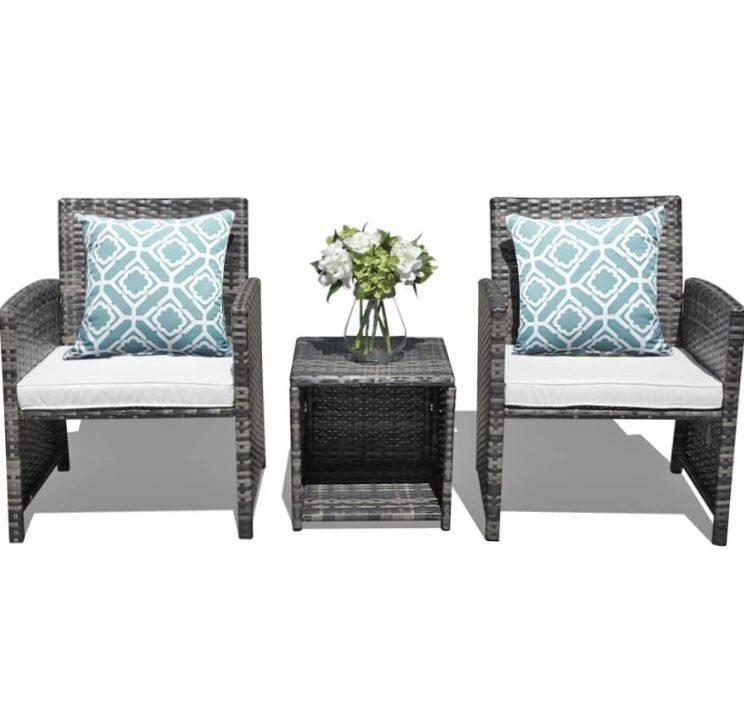 3-Piecê Pàtïó Fùrn Sèt Bîstrò Set Grey Wïckét Chàir with Sidè Table, 2 Pillows Included, 2 Styles Cushion Covers