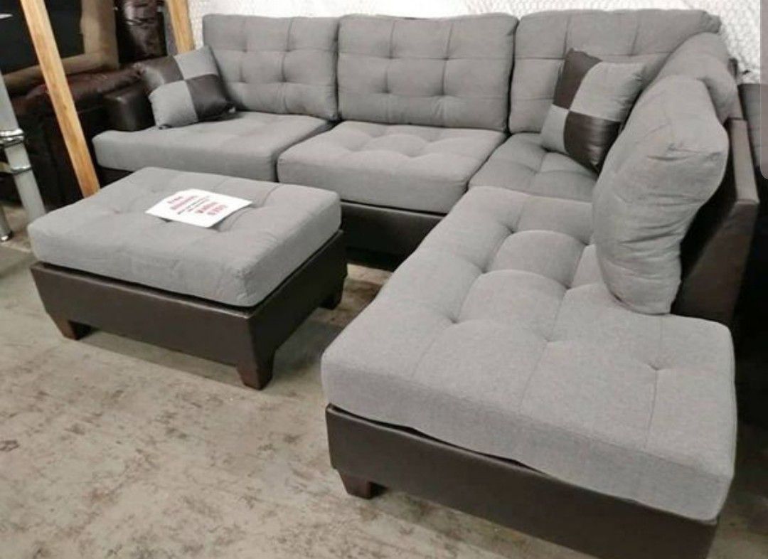 Brand New Grey Linen Sectional Sofa Couch + Ottoman 