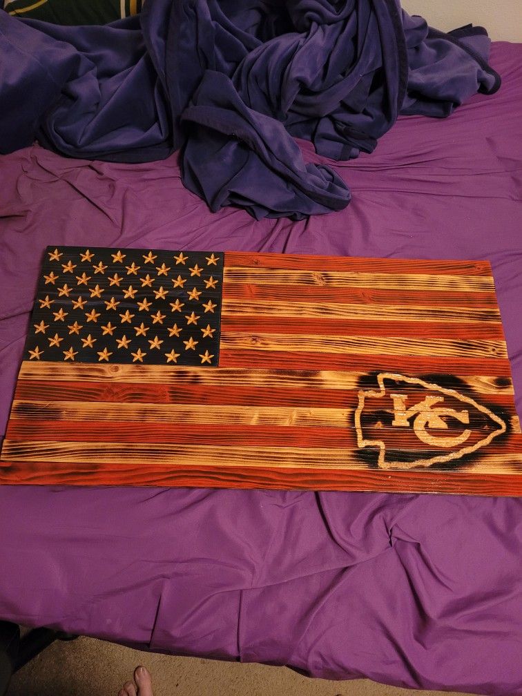 Handmade Wooden Vintage Stained CHIEFS Flag
