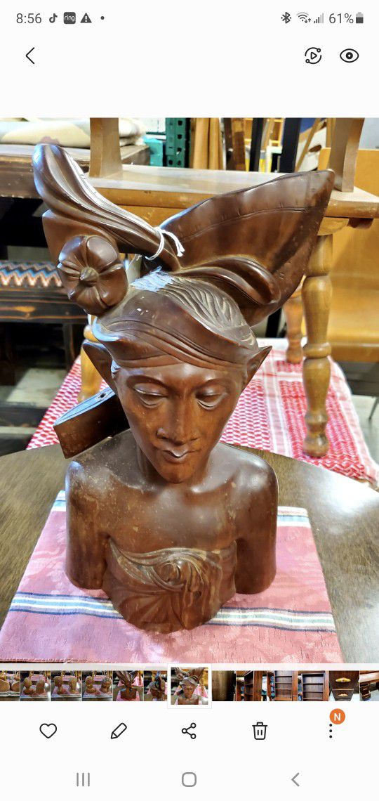 Beautiful Hand Carved Wood Bust, 14" Height, 7.5" Length.