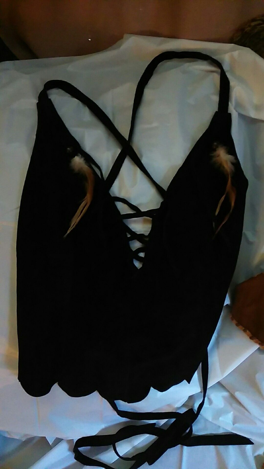 Brown leather halter top w/ feathers