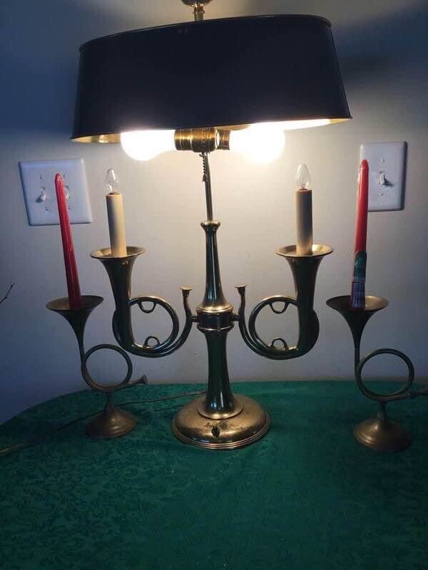 Bugle Lamp & Pair Of Brass Bugle Candlesticks Stately Traditional Decor Vintage