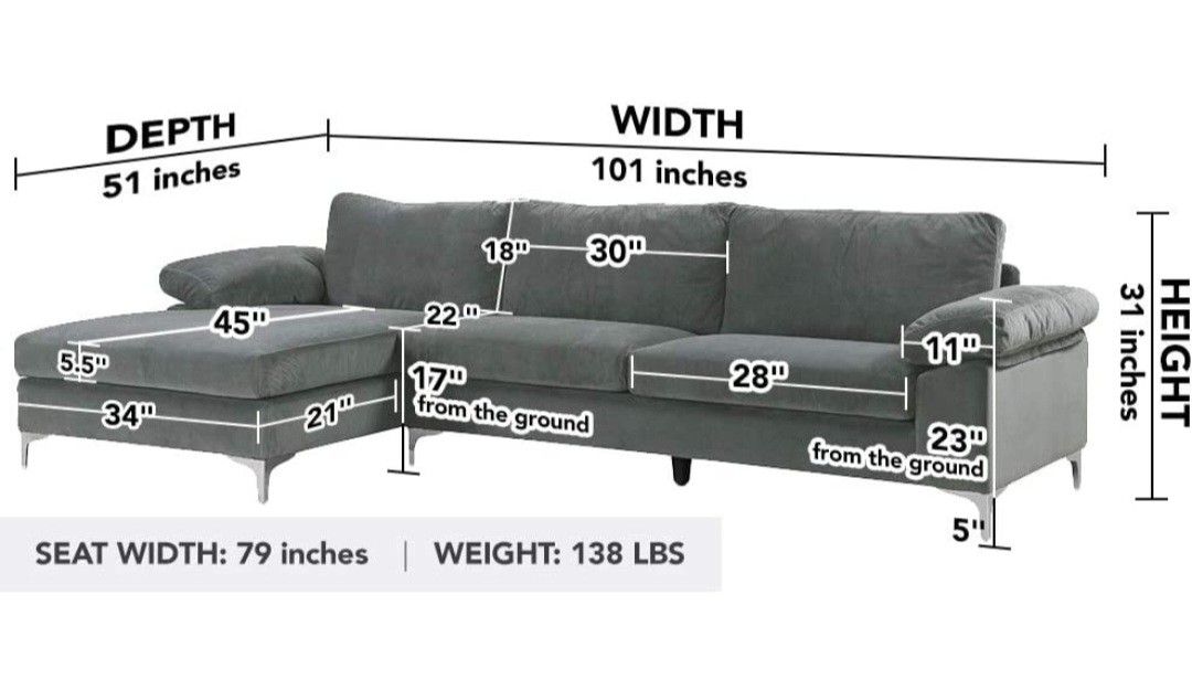 BRAND NEW Grey Velvet Sectional Sofa Couch