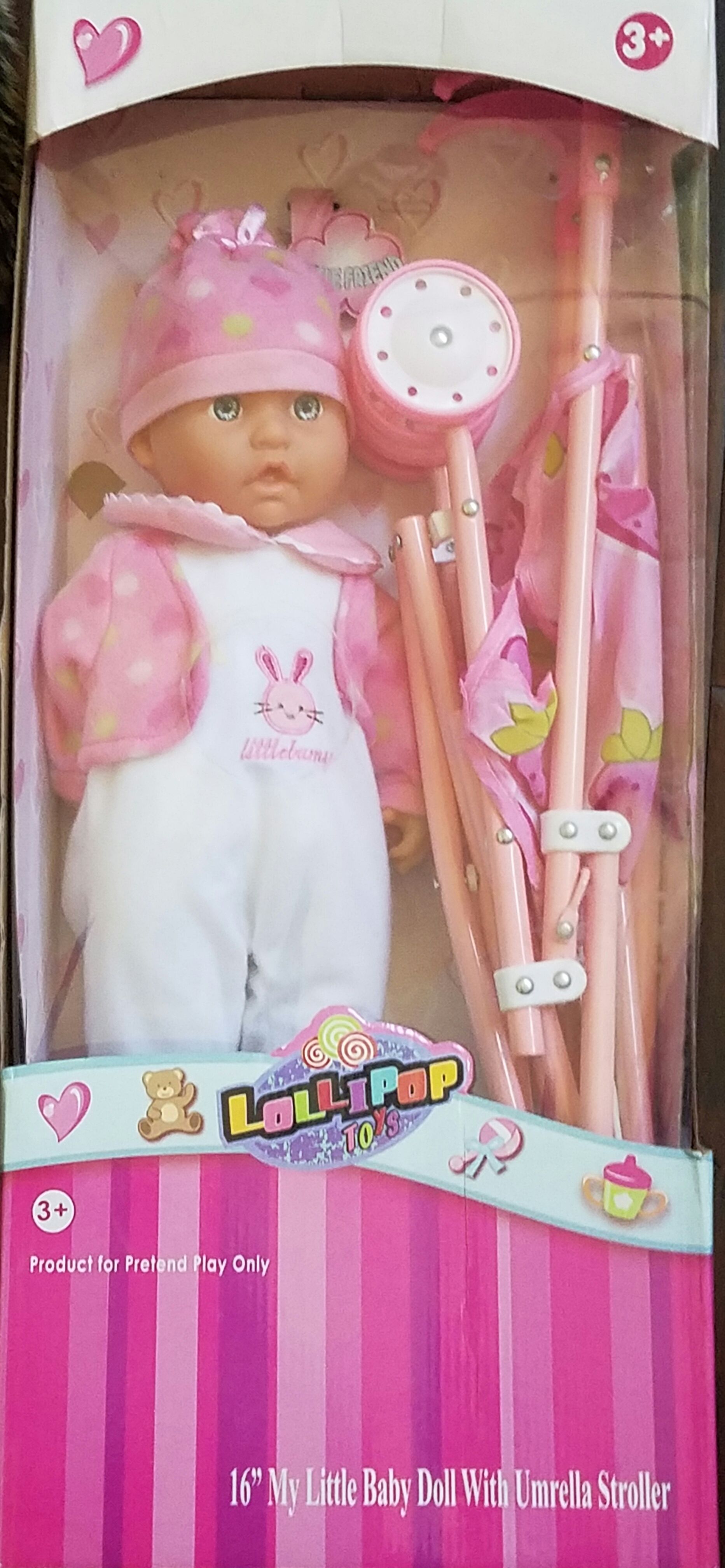 New in box lollipop toys 16 inch my little baby doll with umbrella stroller age is 3 +