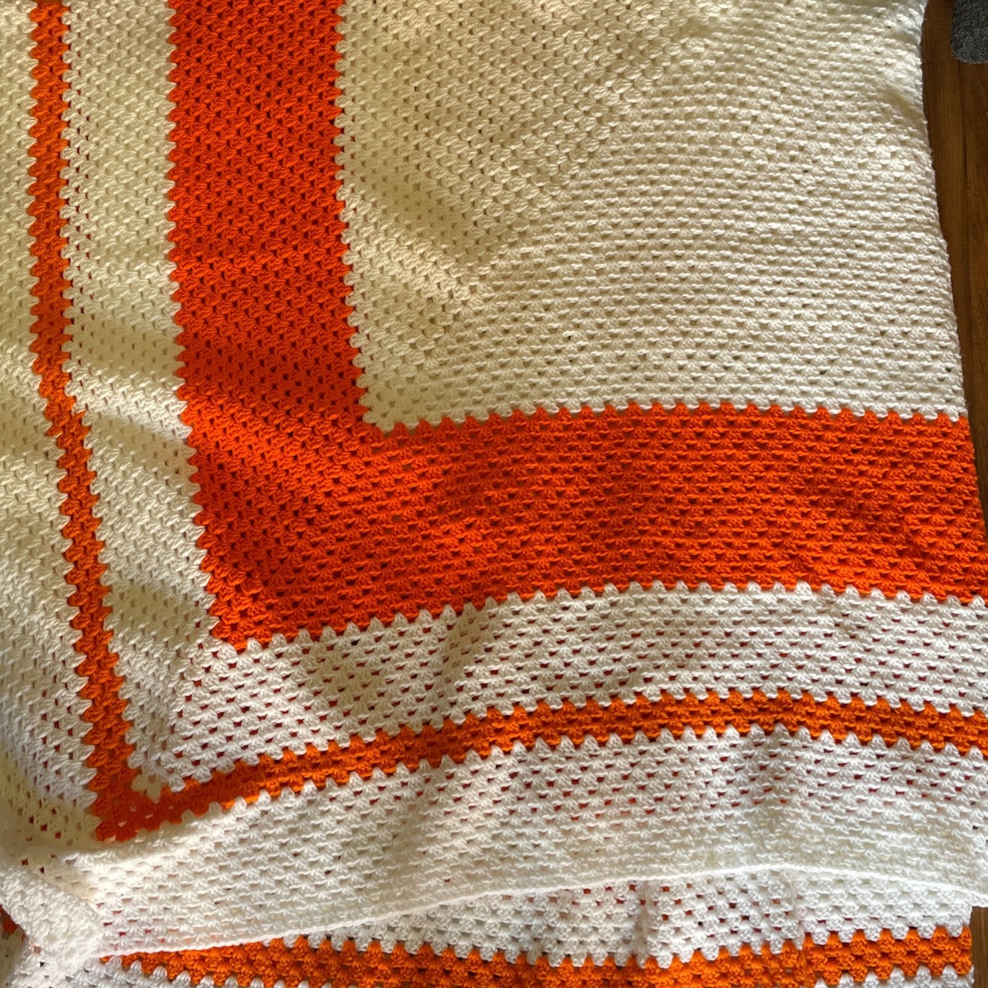 Handmade Crochet Blanket, Orange And White, King/Queen