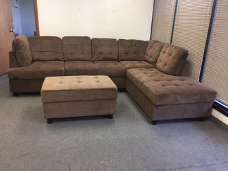 New Chocolate Brown Sectional Couch Chenille Sofa With Free Ottoman New In Boxes  Thumbnail