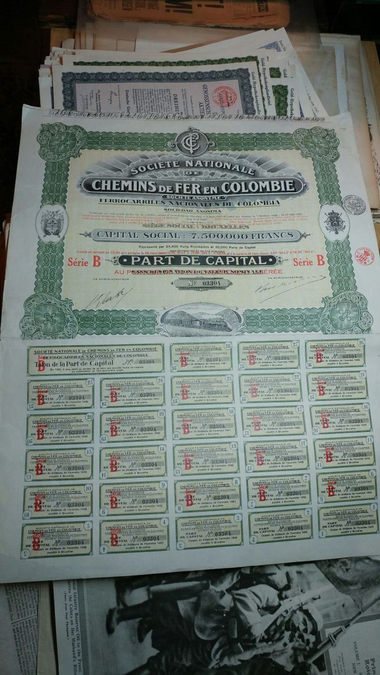 1927 Colombia Railroad bond share certificate