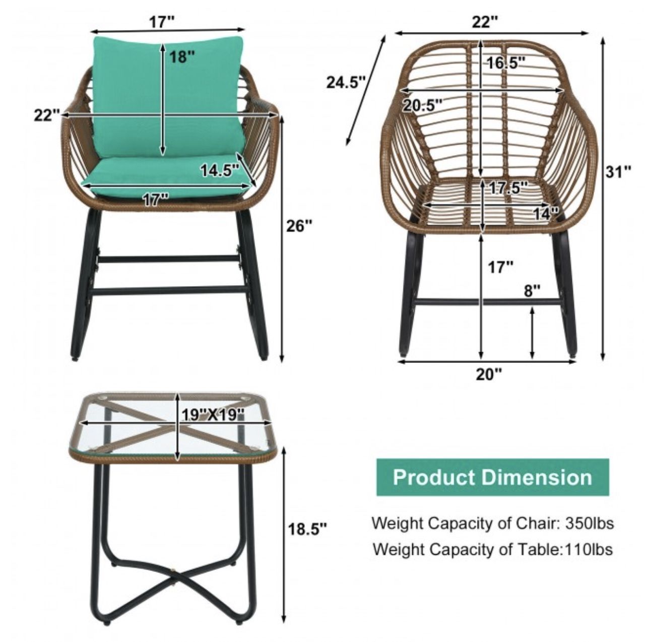 3 Pcs Bistro Set Cushioned Chairs Glass Table Rattan Furniture